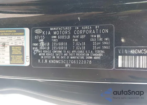 2016 Kia Sedona Ex z USA, uszkodzony, nr VIN KNDMC5C17G6122078